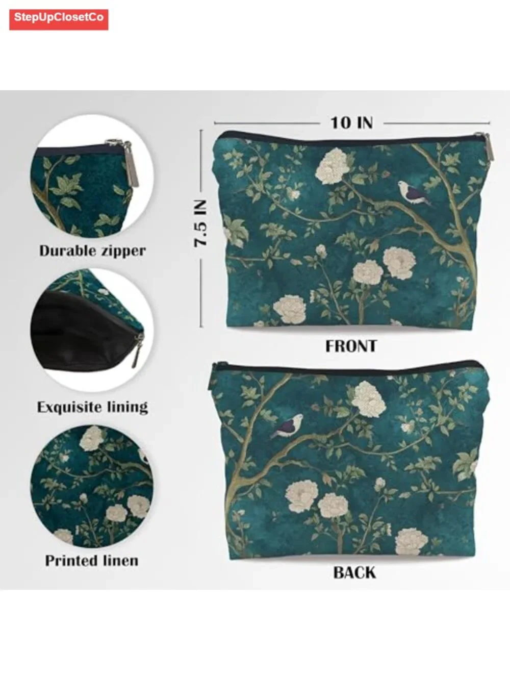 Linen Canvas Zip Cosmetic Bag Toiletry Pouch Travel Makeup Organizer